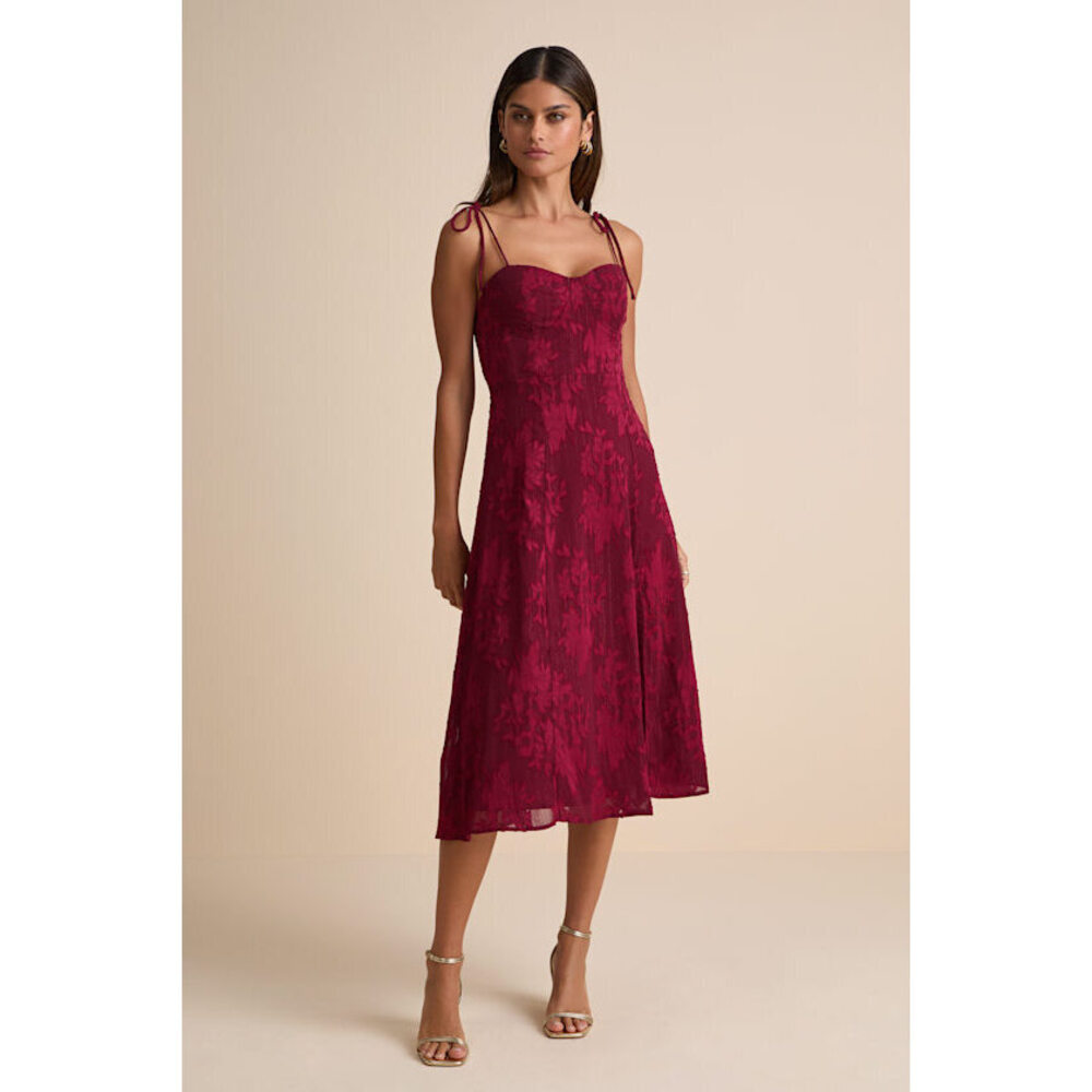 Lulus Loveliest Looks Burgundy Floral Jacquard Tie-strap Midi Dress Red - Size S